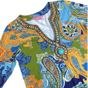 Joyous & Free Paisley Print Multi-Color Beaded Tunic Blouse - Women's Small